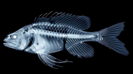 X-ray scan of fish. In the dark, a ghostly fish skeleton emerges, its delicate bones illuminated against the pitch-black backdrop. 