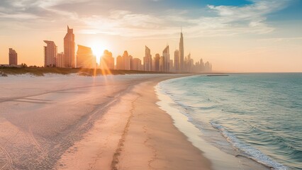 A stunning beach scene captured in a high-quality photograph. The sun is setting, casting a warm golden hue over the calm, turquoise waters.	