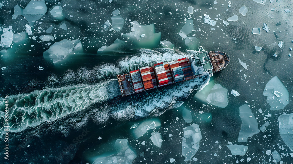 Wall mural Aerial view of Large Cargo icebreaker vessel loaded with containers sailing in ice-cold ocean. Generative AI illustration - Wall murals