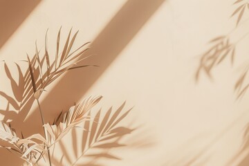 Aesthetic pastel beige background with soft leaves shadow. 