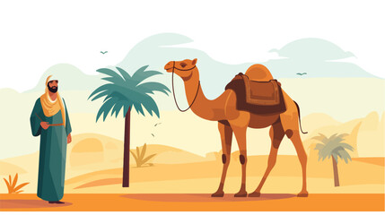 Eid al adha mubarak Arabic man with a camel and goa