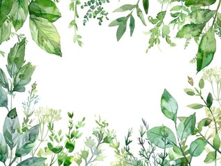 Fototapeta premium Herb Frame. Watercolor Garden Greeting Card with Hand Painted Leaves and Textured Green Frame