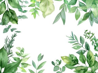 Herb Frame. Watercolor Greeting Card Design with Realistic Garden Herbs and Green Floral Frame
