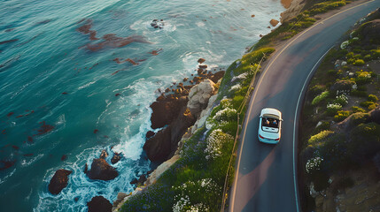 Convertible car driving along a scenic coastal road at sunset with cliffs and ocean views