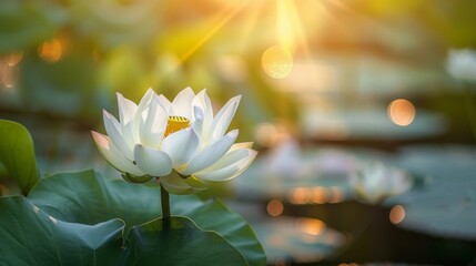A single white lotus flower blooms in the warm sunlight on a pond, with green lily pads in the foreground and a soft, blurry background