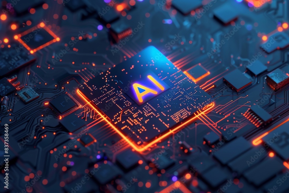 Poster 3d rendering of a glowing chip with artificial intelligence on a circuit board. concept of technolog