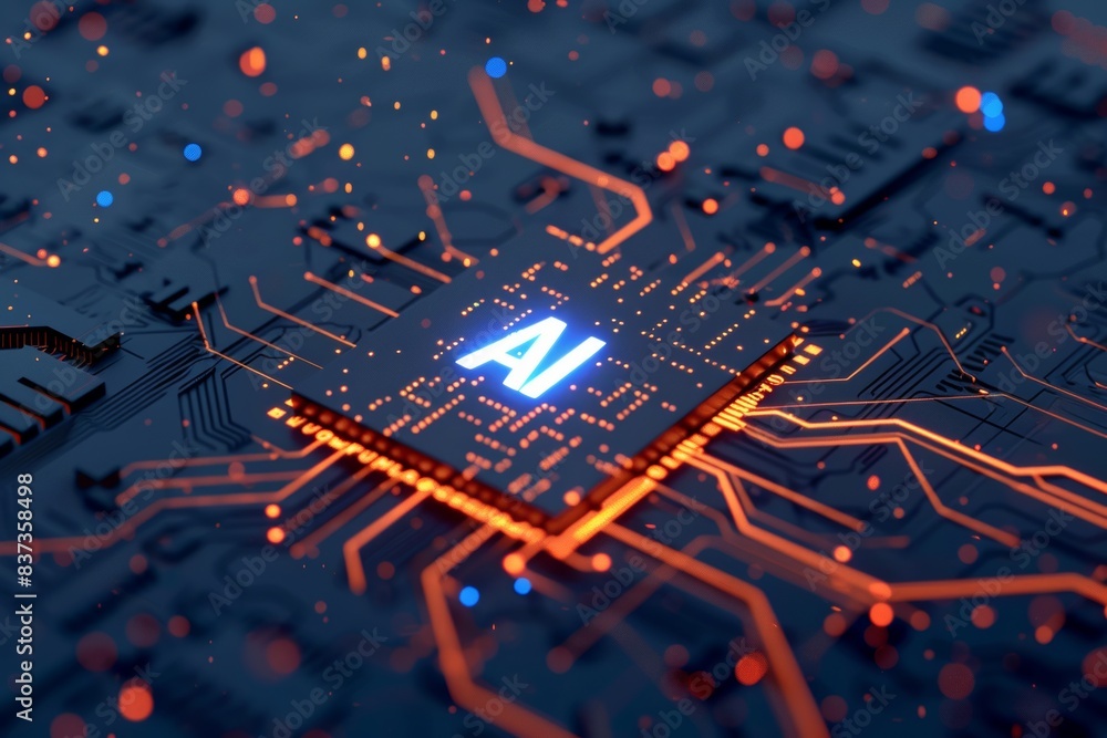 Poster conceptual rendering of a glowing artificial intelligence technology chip on a circuit board. a chip