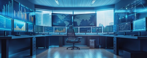 Modern control room with multiple screens