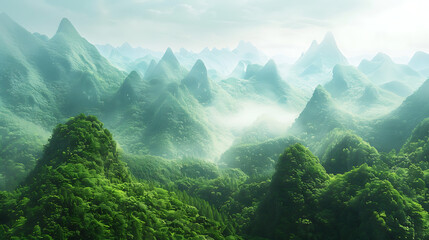 Obraz premium a breathtaking view of a lush green mountain range. The peaks are covered in dense vegetation, creating a serene and majestic atmosphere