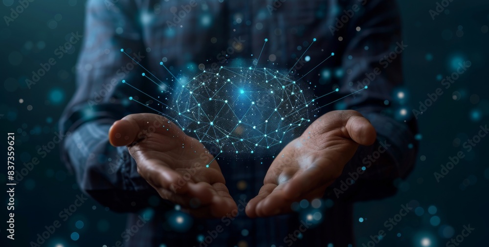 Poster digital user interface with artificial intelligence and machine learning language on a businessman's