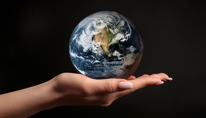  手の上に地球、黒い背景