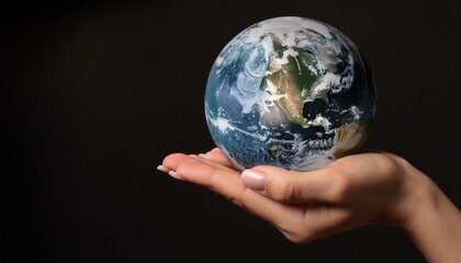  手の上に地球、黒い背景