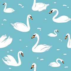 Swans Seamless Pattern on Blue Water Lake Background. Vector Illustration