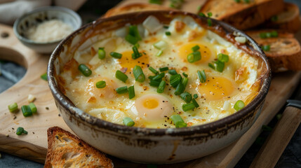 Creamy baked eggs with melted cheese and green onions, served in a ceramic bowl with toasted bread. Delicious breakfast or brunch idea.