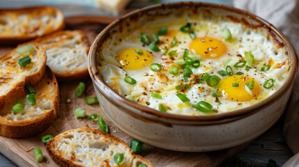 Creamy baked eggs with melted cheese and green onions, served in a ceramic bowl with toasted bread. Delicious breakfast or brunch idea.
