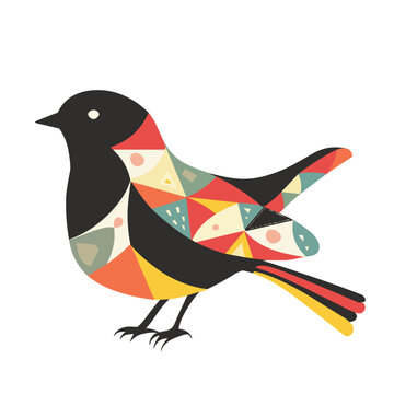 Colorful geometric pattern bird vector illustration isolated white background. Geometric shapes design element featuring avian silhouette. Abstract art stylized multicolor bird digital graphic