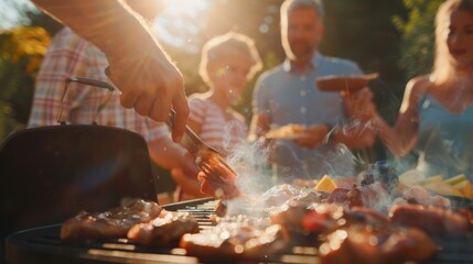 Fototapeta premium In the summer we have a picnic barbeque grill in the garden. It is a beautiful sunny day. A family and friends are taking advantage of the time together.