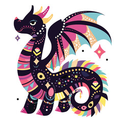 Obraz premium Colorful dragon illustration, whimsical creature, fantasy animal art. Vibrant mythical dragon, geometric patterns, playful design isolated white background. Decorated flying dragon, pink wings