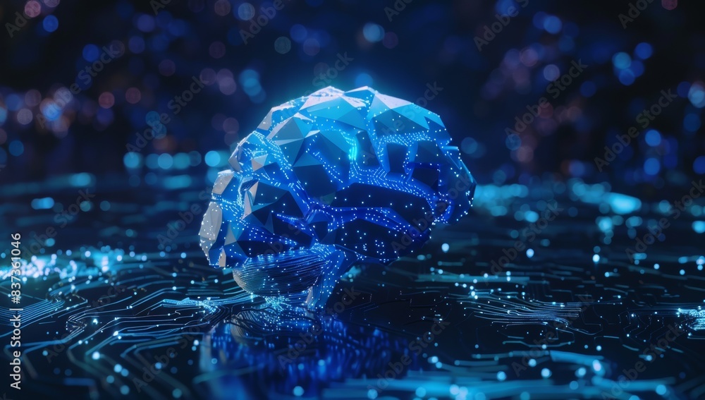 Poster ai, ml, deep learning, blockchain neural network concept. brain made with a shining wireframe graphi