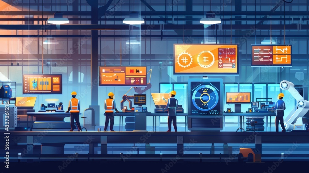 Aufkleber digitalization of factory: two industrial engineers use laptop computers, big data statistic visuali