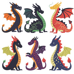 Six colorful dragons various poses, styles, cartoon style isolated white background. Cute fantasy creatures, playful, whimsical design, childrens book, dragon collection, vibrant color palette