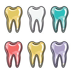 Six colorful cartoon teeth illustrations representing dental health diversity. Set includes healthy white tooth teeth various conditions treatments. Bright colors highlight different dental issues