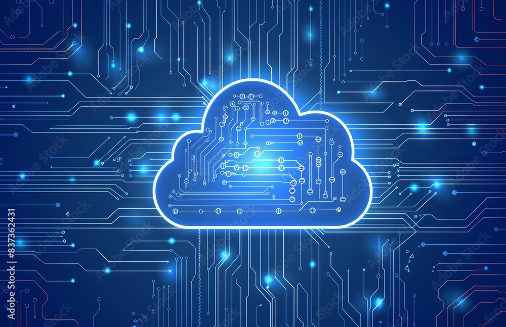 Poster cloud computing and online storage technology concept. business computers connected to internet serv