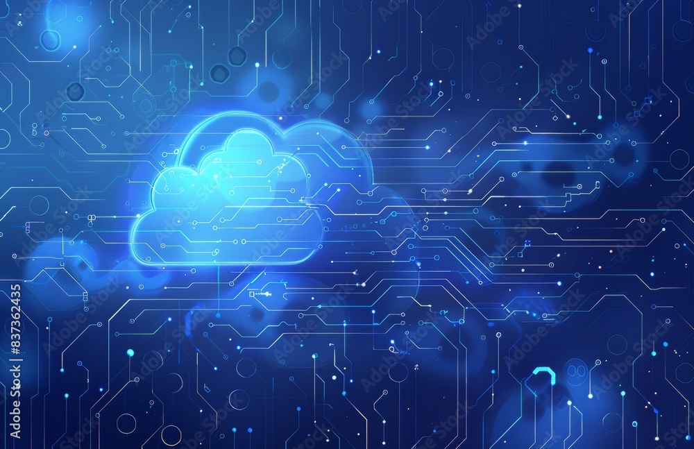 Poster the concept of cloud computing and online storage consists of business computers connected to intern