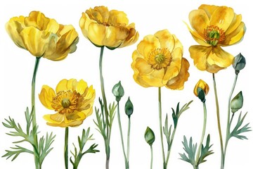 Fototapeta premium Yellow Flower Watercolor Set. Meadow Buttercup Ranunculus Acris Hand Drawn Painting