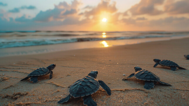 Newly hatched sea turtles move towards the sea on a sandy beach in the early dawn
