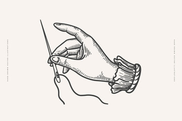 Hand holds a needle with a thread in an engraving style. Ancient symbol of needlework and embroidery on a light background. Vintage vector illustration for postcard, book or tattoo design.