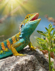 Fototapeta premium Colorful chameleon sitting on a rock with open mouth.