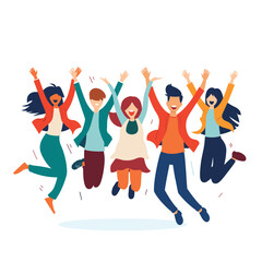 Group diverse young adults, men women, jumping joyfully against white background, expressing happiness excitement. Flat style illustration cheerful people, wearing casual clothing, celebrating