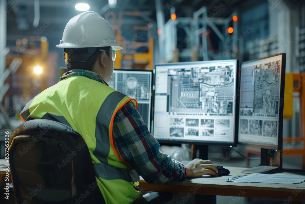 Poster in a production control center, industrial engineers observe monitoring screens. concept of technolo