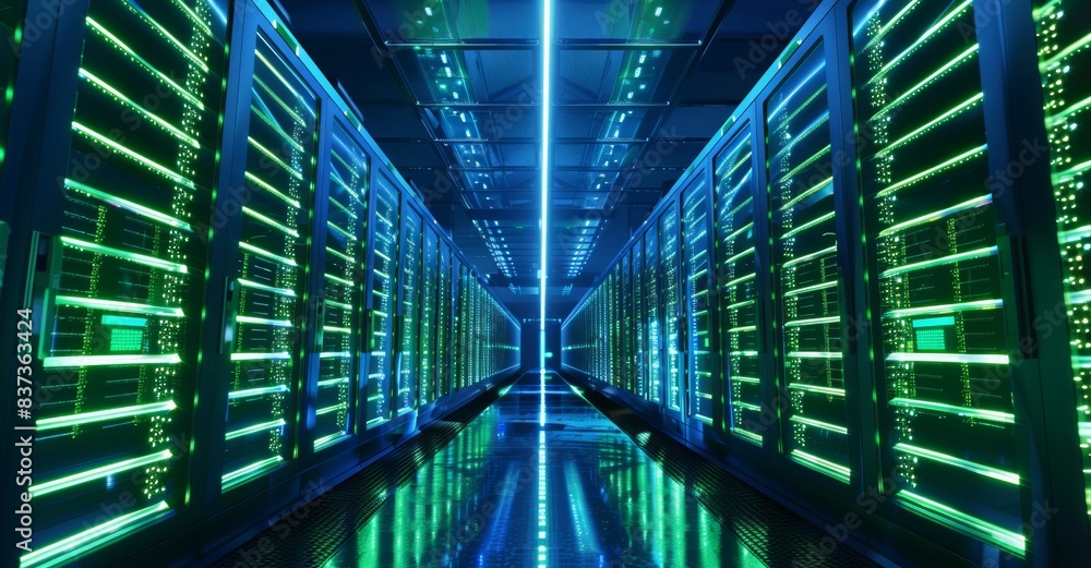Poster in the network security server room, cryptocurrency mining is taking place on data center computer r