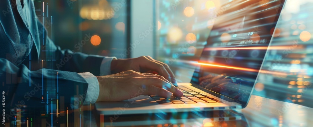 Poster concept of data science, business, and artificial intelligence. businessman working with laptop comp