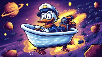 A pixel art duck wearing a captain's hat, piloting a spaceship shaped like a bathtub in a retro video game style