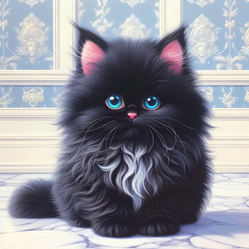 かわいい短足マンチカン子猫の黒猫と水色のプリンセス壁紙と大理石を背景にしたアクリル画イラストアイコン