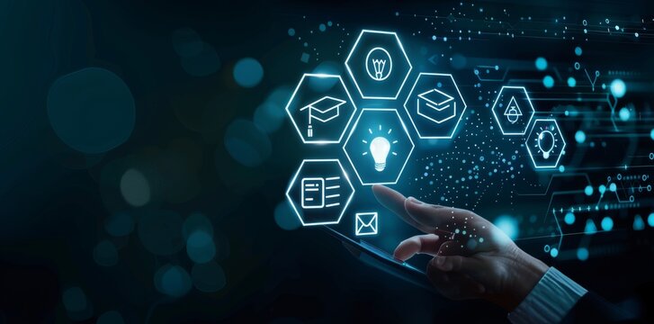 Personalized learning using eLearning technology, webinars, online classes, and virtual screens for developing new skills and knowledge. AI-enhanced learning with online courses.