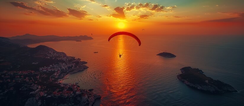 Silhouette of skydiver flying against the background of sunset over the sea