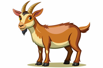 Obraz premium Cartoon goat with orange fur and curved horns, standing. Farm animal, livestock, agriculture, farming concept. Isolated on white background.