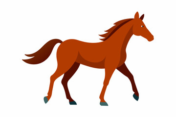Brown horse with black mane in walking posture, equine, domestic animal, grace concept, illustrative design. Isolated on white background.