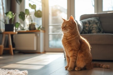 Photo of a ginger cat sitting on the floor in front of a sofa, with natural light streaming in through a window. The warm-toned interior design of a modern living room is in the background.