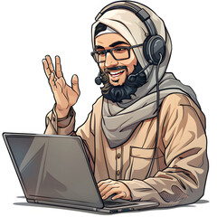 A young muslim man wearing a headset and glasses is sitting in the office in front of a laptop and talking online on a video call, smiling and gesturing with his hands isolated on white background, pn