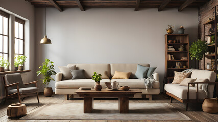 Loft and vintage interior of living room with sofa, and wood tea table in front. Generative AI