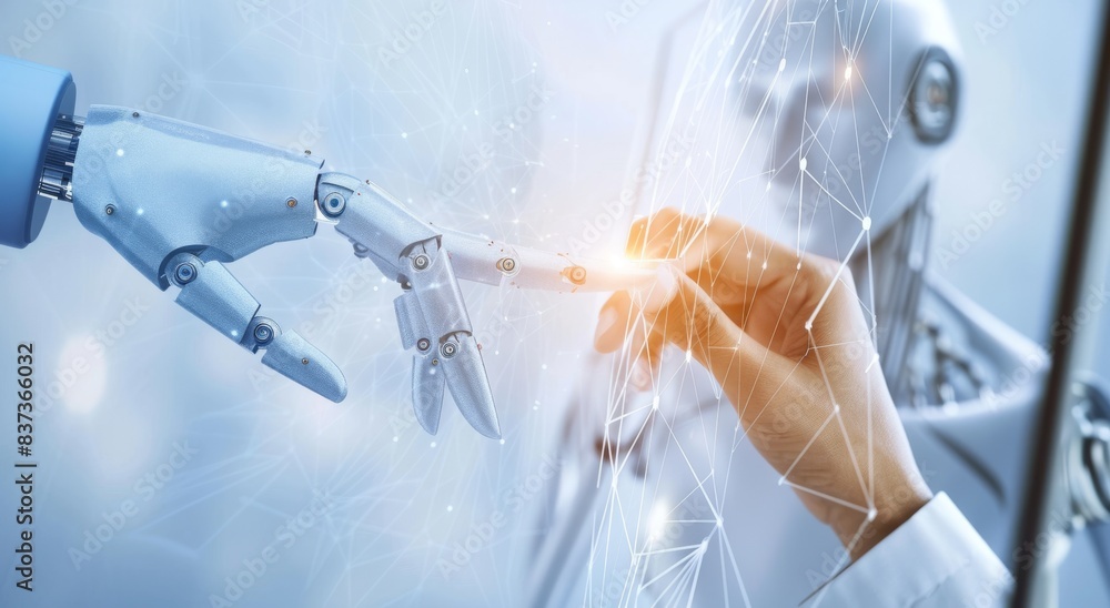 Poster an interface with a robot hand touching a human on a global virtual network connection in the future