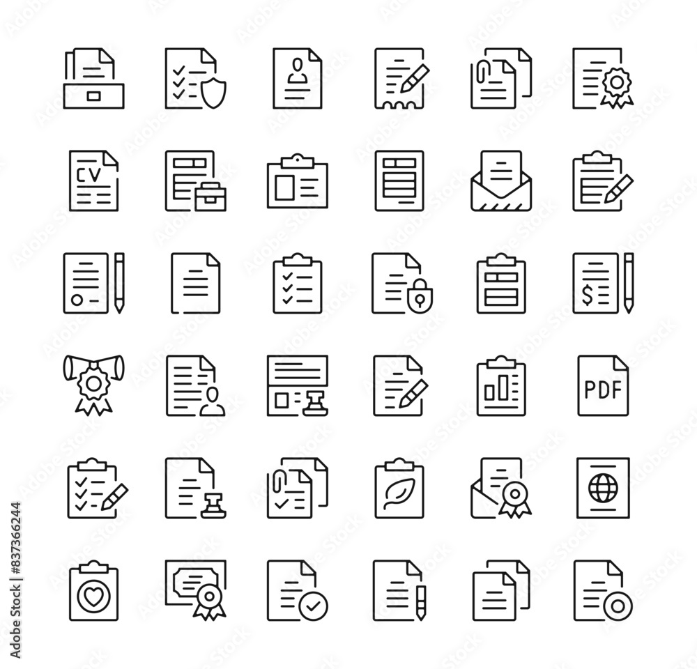 Poster documents icons set. vector line icons. black outline stroke symbols