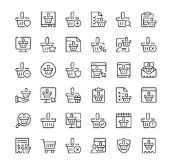 Shopping basket icons set. Vector line icons. Black outline stroke symbols