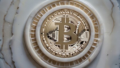 An elegant gold Bitcoin symbol embossed on a white marble surface, symbolizing luxury and the high-value status of cryptocurrency.