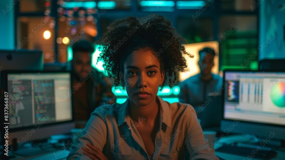 Poster an ethnically diverse team of specialists work on a neural network and artificial intelligence proje